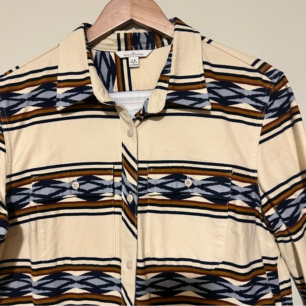 L.L. Bean Men's Casual Button Down Shirt - Cream, Blue, Brown